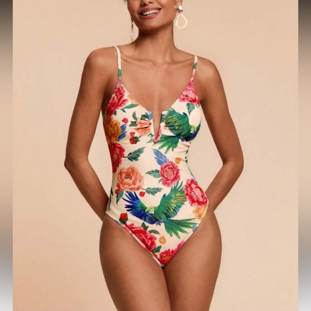 Tropical Floral and Parrot Print One Piece Swimsuit
